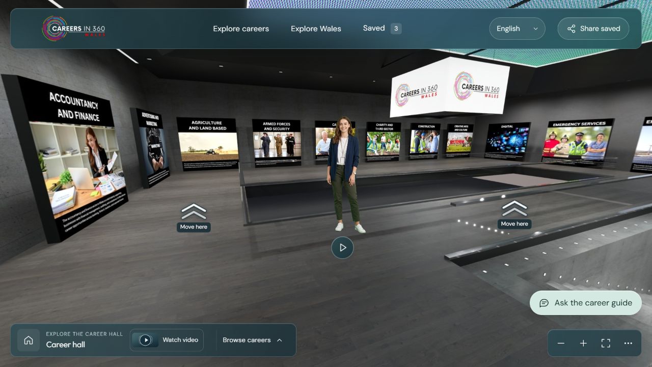 The Careers in 360 virtual career hall with sector displays and video introduction