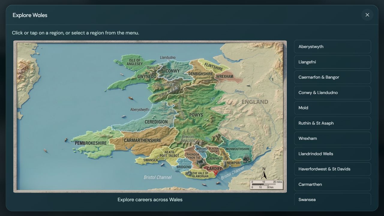 Interactive career discovery map of Wales