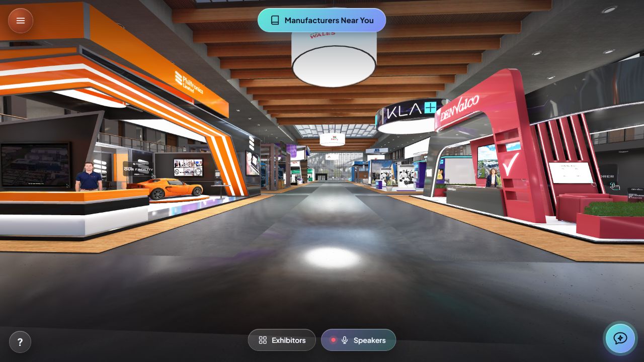 The Expoverse manufacturing hall with branded interactive exhibitor stands