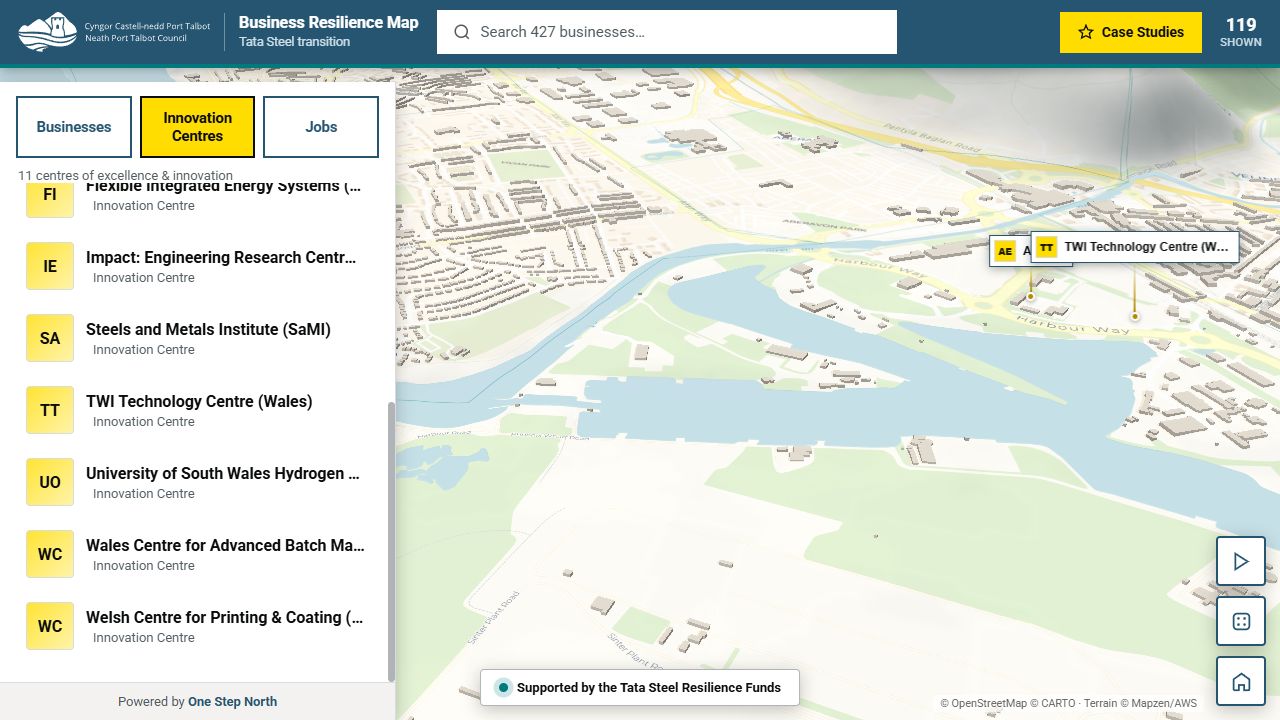 Innovation-centre view showing a centre list and geographic markers