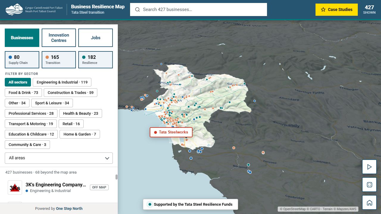 Neath Port Talbot Business Resilience Map showing organisations, sector filters and regional context