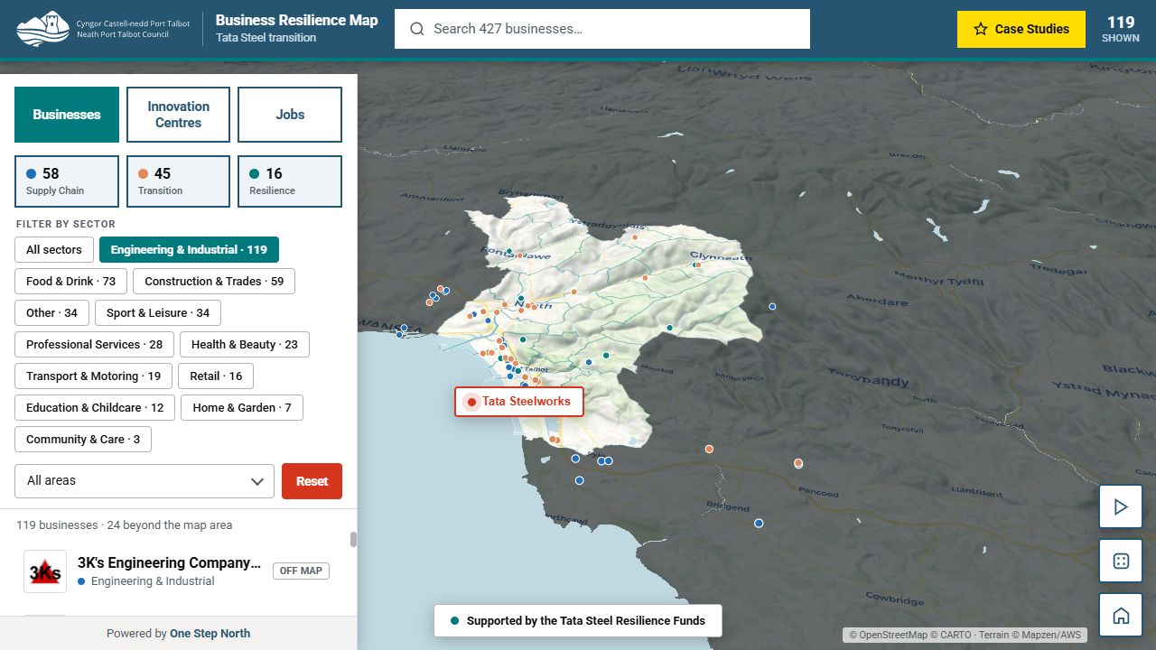 Engineering and Industrial sector filter in the Neath Port Talbot client map